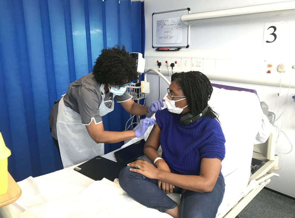 Minister for Equalities, Kemi Badenoch, receiving her first vaccination as part of the Novavax phase 3 trial, which she is taking part in at Guy's and St. Thomas' NHS Foundation Trust, London