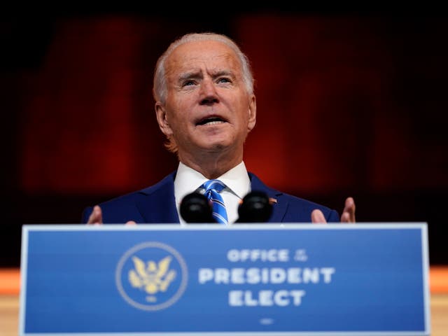 President-elect Joe Biden speaks at The Queen theatre, Wednesday 25 November 2020, in Wilmington, Delaware