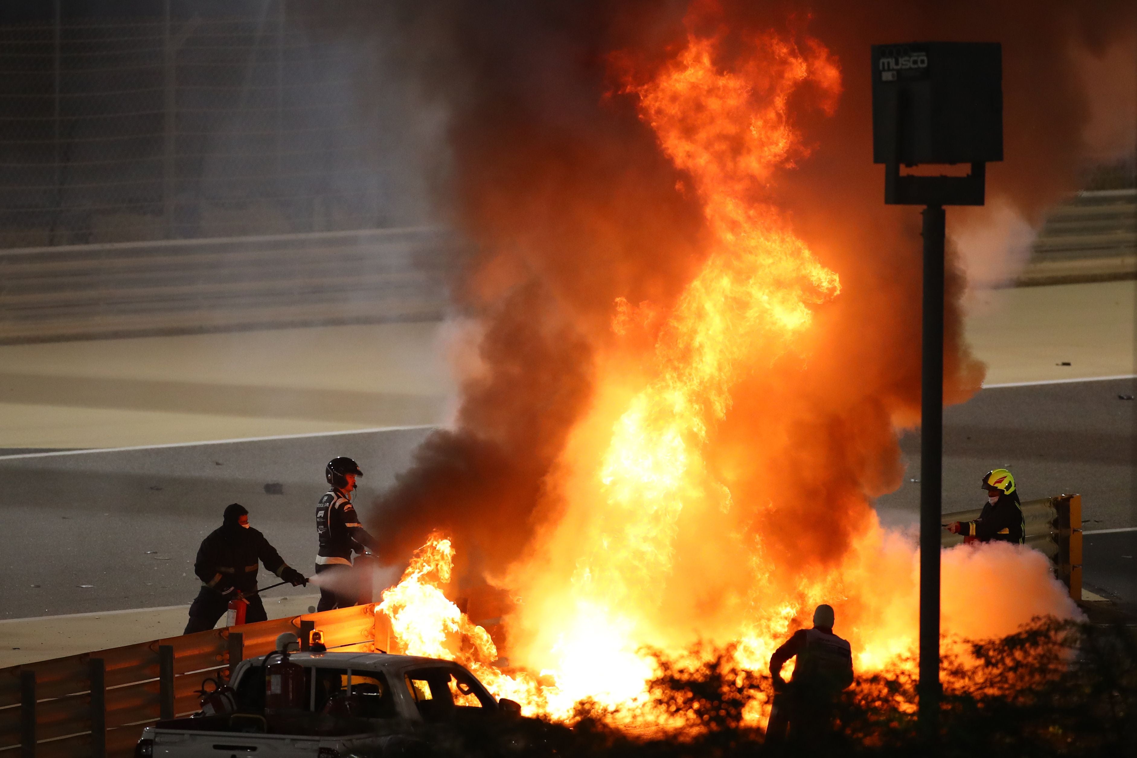 Romain Grosjean’s car burst into flames after crashing into a barrier