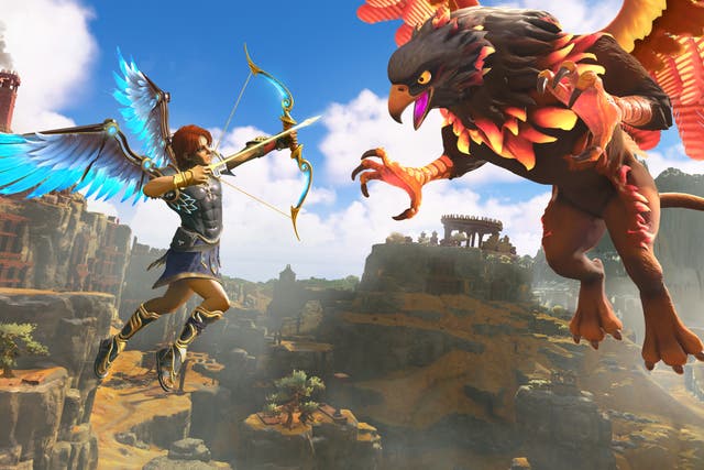 Fenyx battles a monster in Ubisoft’s mythological open-world game Immortals Fenyx Rising