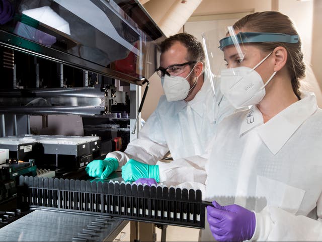 In this Wednesday 22 July 2020, photo provided by C2N Diagnostics, Matthew Meyer, left, senior proteomics scientist, and Stephanie Knapik, a research associate, work in a lab that analyzes blood samples at the company’s facility in the Center for Emerging Technologies in St Louis