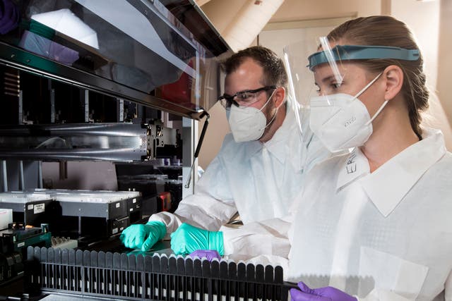 In this Wednesday 22 July 2020, photo provided by C2N Diagnostics, Matthew Meyer, left, senior proteomics scientist, and Stephanie Knapik, a research associate, work in a lab that analyzes blood samples at the company’s facility in the Center for Emerging Technologies in St Louis