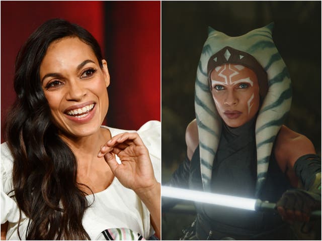Rosario Dawson photographed in 2020 (left), and as seen in The Mandalorian (right)