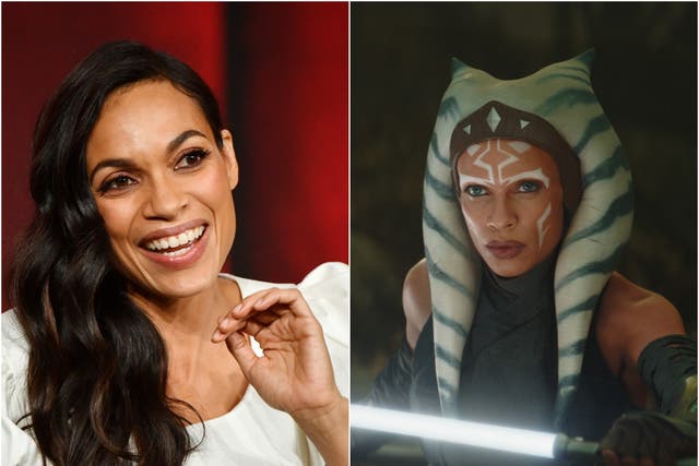 <p>Rosario Dawson photographed in 2020 (left), and as seen in The Mandalorian (right)</p>