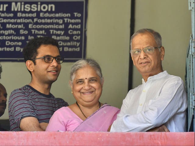 <p>Infosys founder and mentor Narayana Murthy (right), his philanthropist wife Sidha Murthy (centre) and son Rohan Murthy (left)</p>