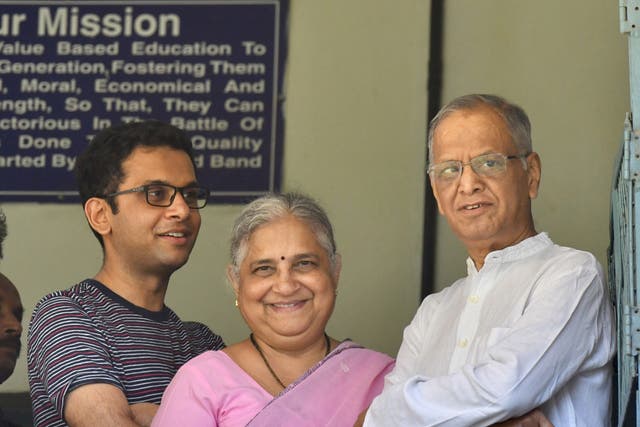 <p>Infosys founder and mentor Narayana Murthy (right), his philanthropist wife Sidha Murthy (centre) and son Rohan Murthy (left)</p>