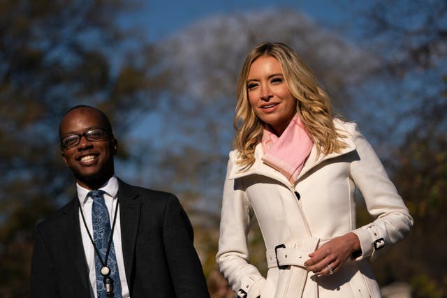 <p>White House press secretary Kayleigh McEnany, pictured here on a sunnier day, declined to take reporters’ questions on Monday because it was raining.</p>