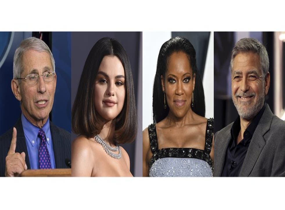 En esta combinación de fotos, el doctor Anthony Fauci, la actriz y cantante Selena Gomez, la actriz y directora Regina King y el actor y activista George Clooney, quienes fueron nombrados “Personas del Año 2020” por la revista People. Los cuatro serán celebrados por su impacto positivo en el mundo durante este año desafiante en una edición doble con cuatro portadas que sale a la venta el viernes.