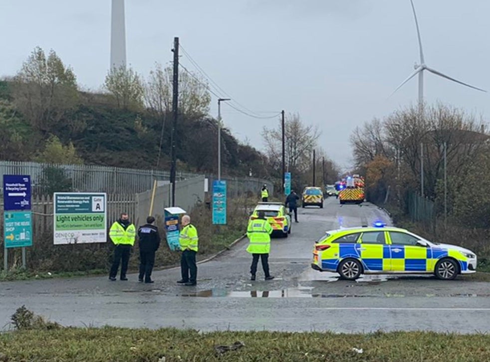 Police close off a road in Avonmouth, near Bristol, after a large explosion at a warehouse