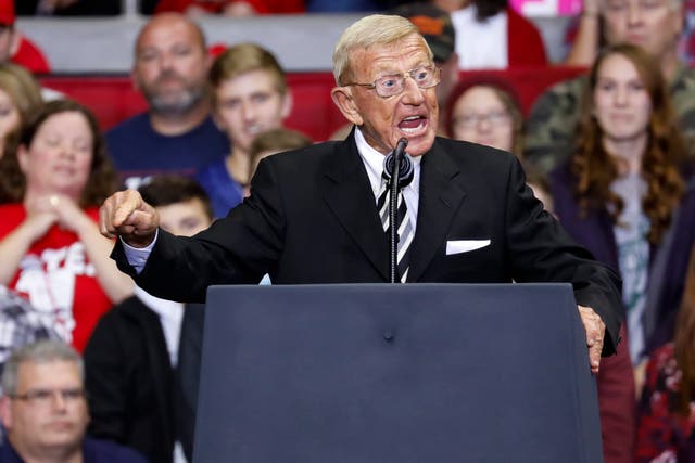 Former Notre Dame football coach Lou Holtz speaks during a campaign rally for Republican Senate candidate Mike Braun in 2018