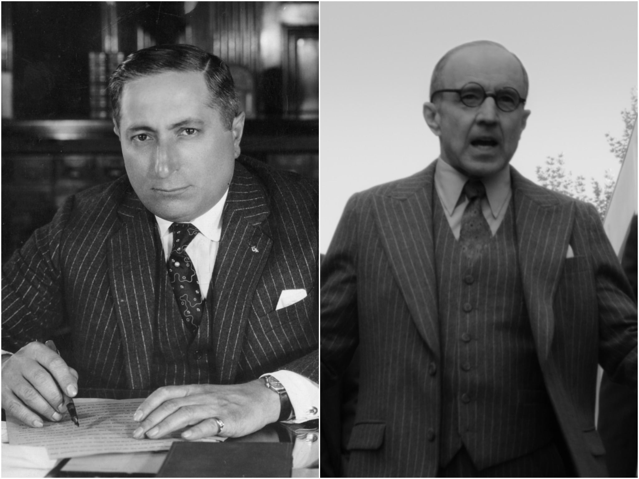 Louis B Mayer (left) and as portrayed by Arliss Howard in Mank (right)