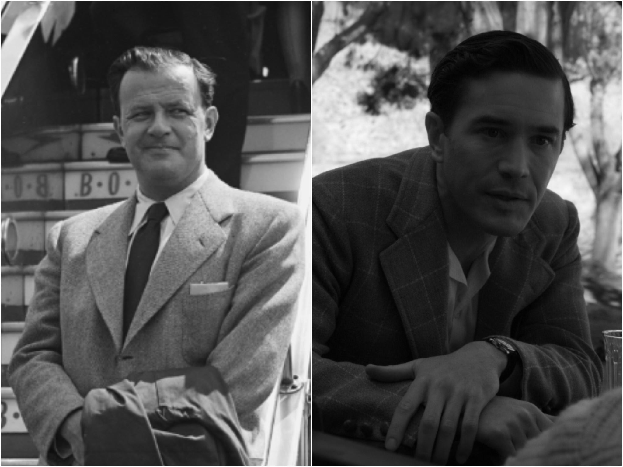 Acclaimed filmmaker Joseph Mankiewicz (left), and as played in Mank by Tom Pelphey (right)
