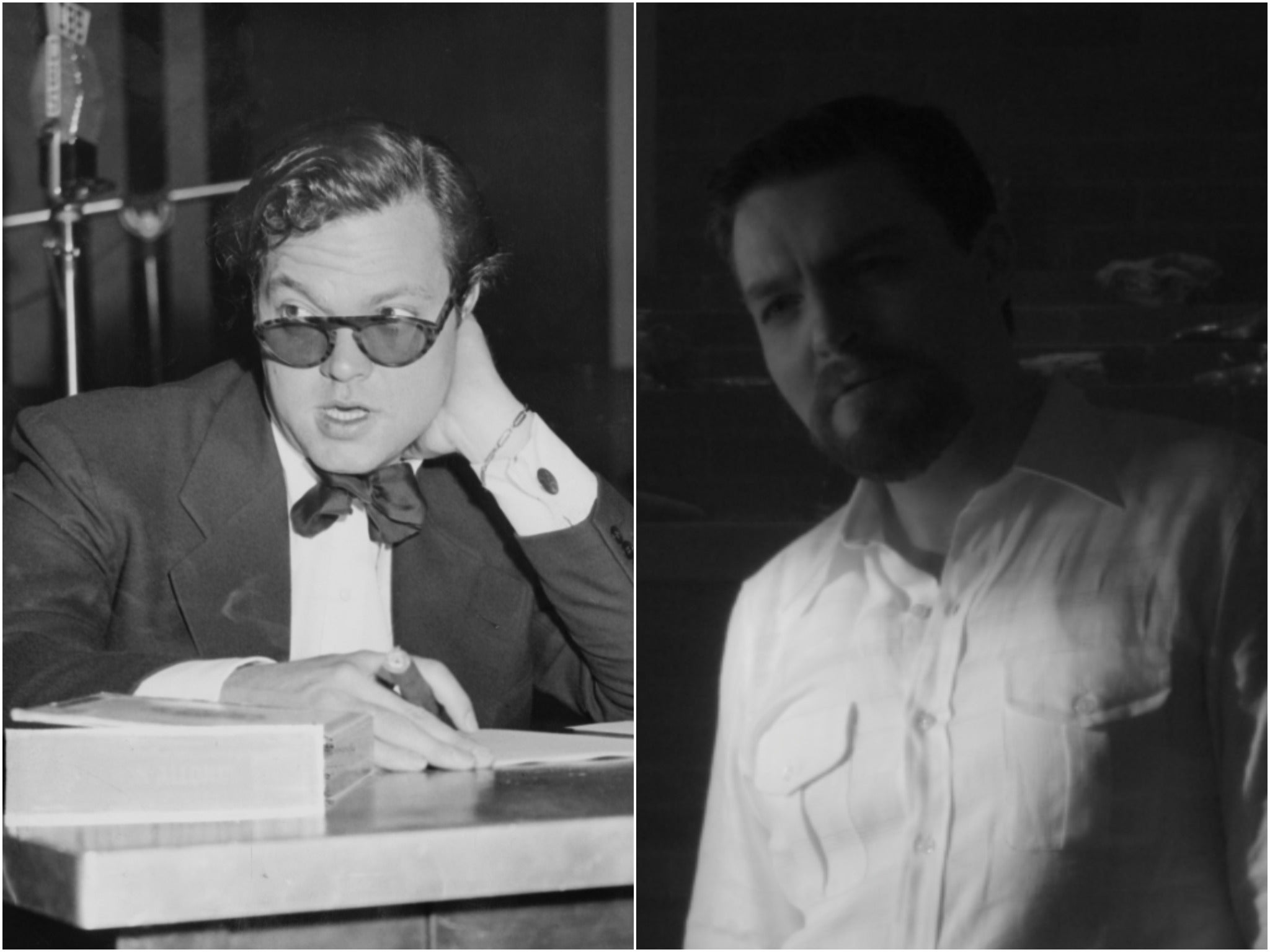 Orson Welles (left) and as played by Tom Burke in Mank (right)