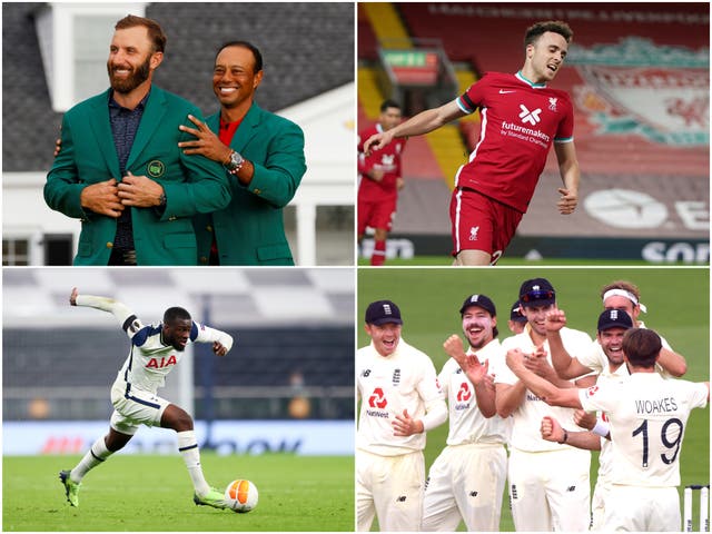 Clockwise from top left: Dustin Johnson, Diogo Jota, England cricket team and Tanguy Ndombele