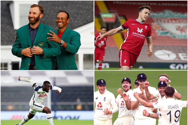 Clockwise from top left: Dustin Johnson, Diogo Jota, England cricket team and Tanguy Ndombele