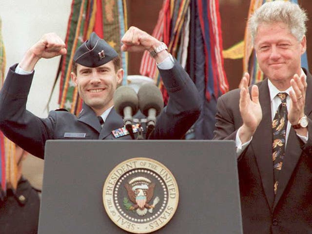 Scott O’Grady is welcomed back to the US by Bill Clinton after his F-16 was shot down over Bosnia. O’Grady avoided capture for six days before US marines rescued him