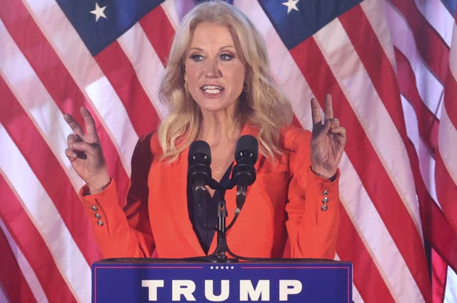 <p>Former White House counselor Kellyanne Conway waves during a campaign event in Atglen, Pennsylvania</p>