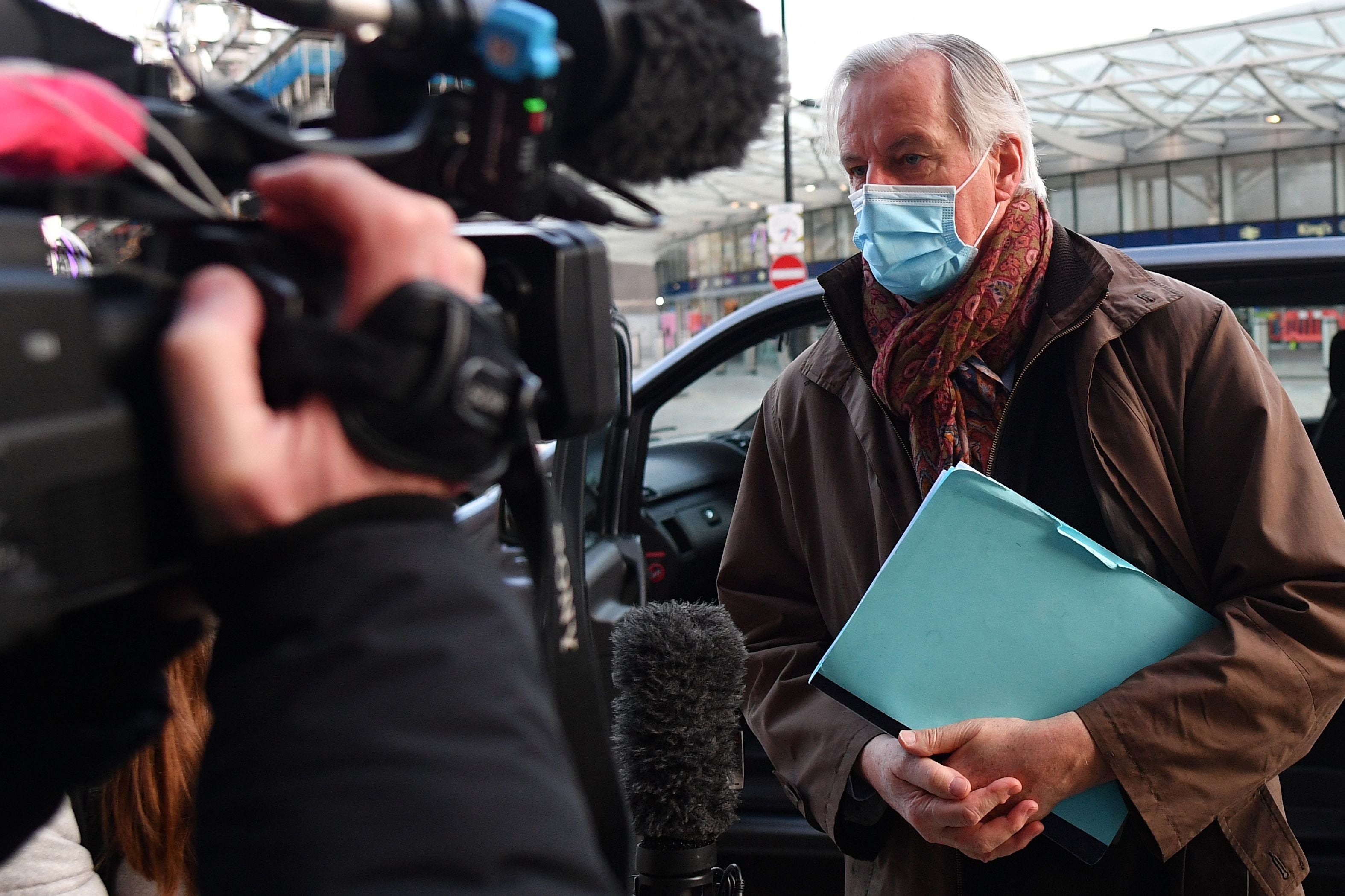 EU chief negotiator Michel Barnier speaks to the media at St Pancras International station in London