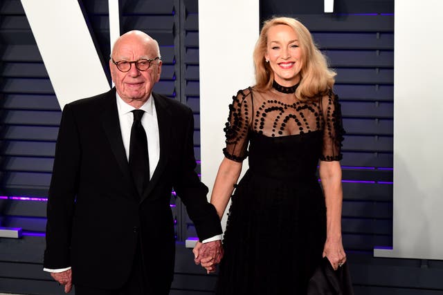 <p>Rupert Murdoch with Jerry Hall, 25 years his junior, whom he married in 2016 in the wake of the phone-hacking scandal</p>