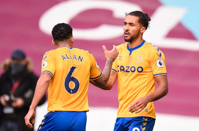 Dominic Calvert-Lewin is congratulated by teammate Allan