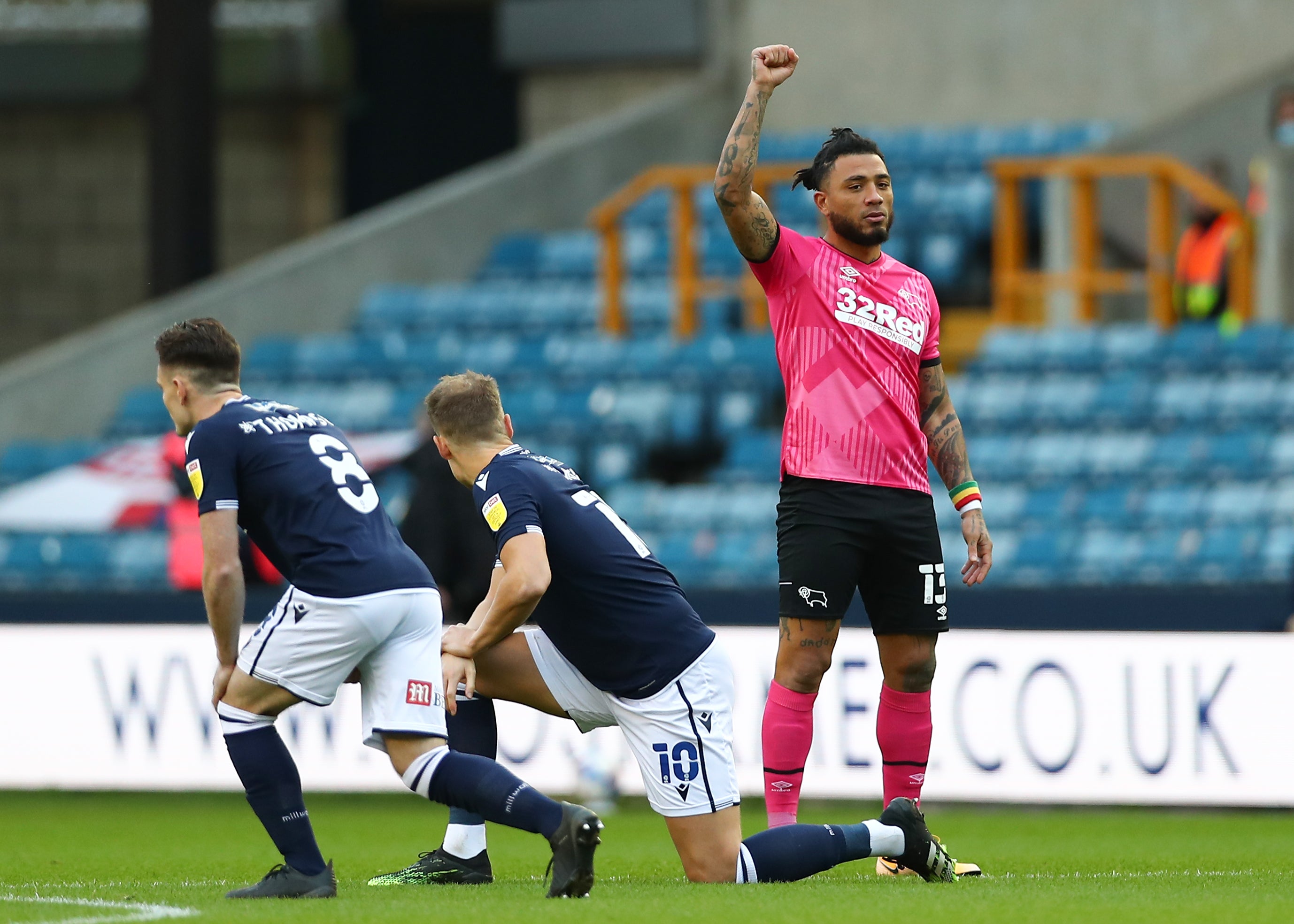 Colin Kazim-Richards of Derby County raises his right fist