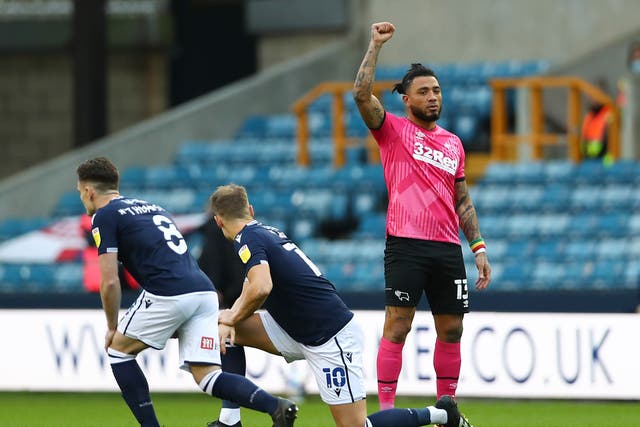 Colin Kazim-Richards of Derby County raises his right fist
