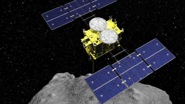 ARCHIVO - Esta imagen gráfica distribuida por la Agencia de Exploración Aeroespacial de Japón (JAXA) muestra la sonda espacial Hayabusa2 sobre el asteroide Ryugu.