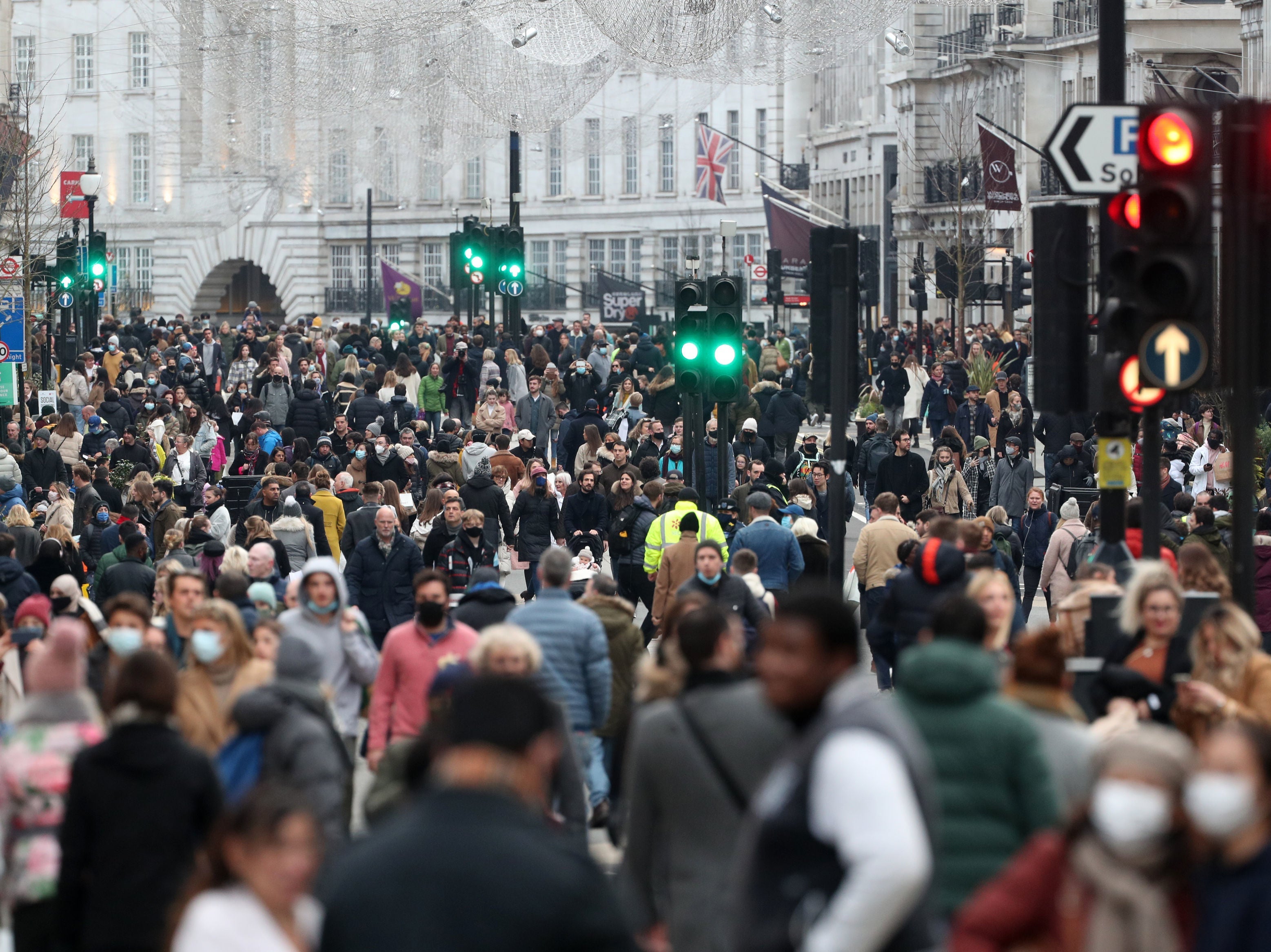Shoppers on Regent Street in London on the first weekend after England’s second national lockdown ending