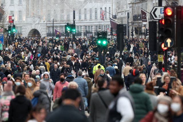 <p>Shoppers on Regent Street in London on the first weekend after England’s second national lockdown ending</p>