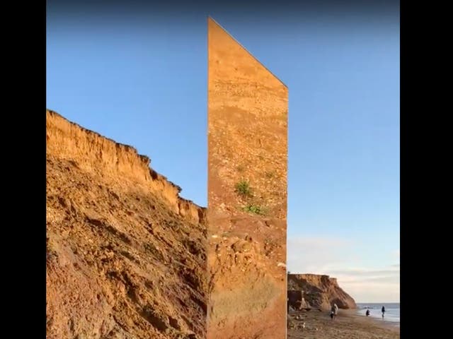 A glass monolith is shown on Compton Beach, Isle of Wight, on 6 December, 2020. 