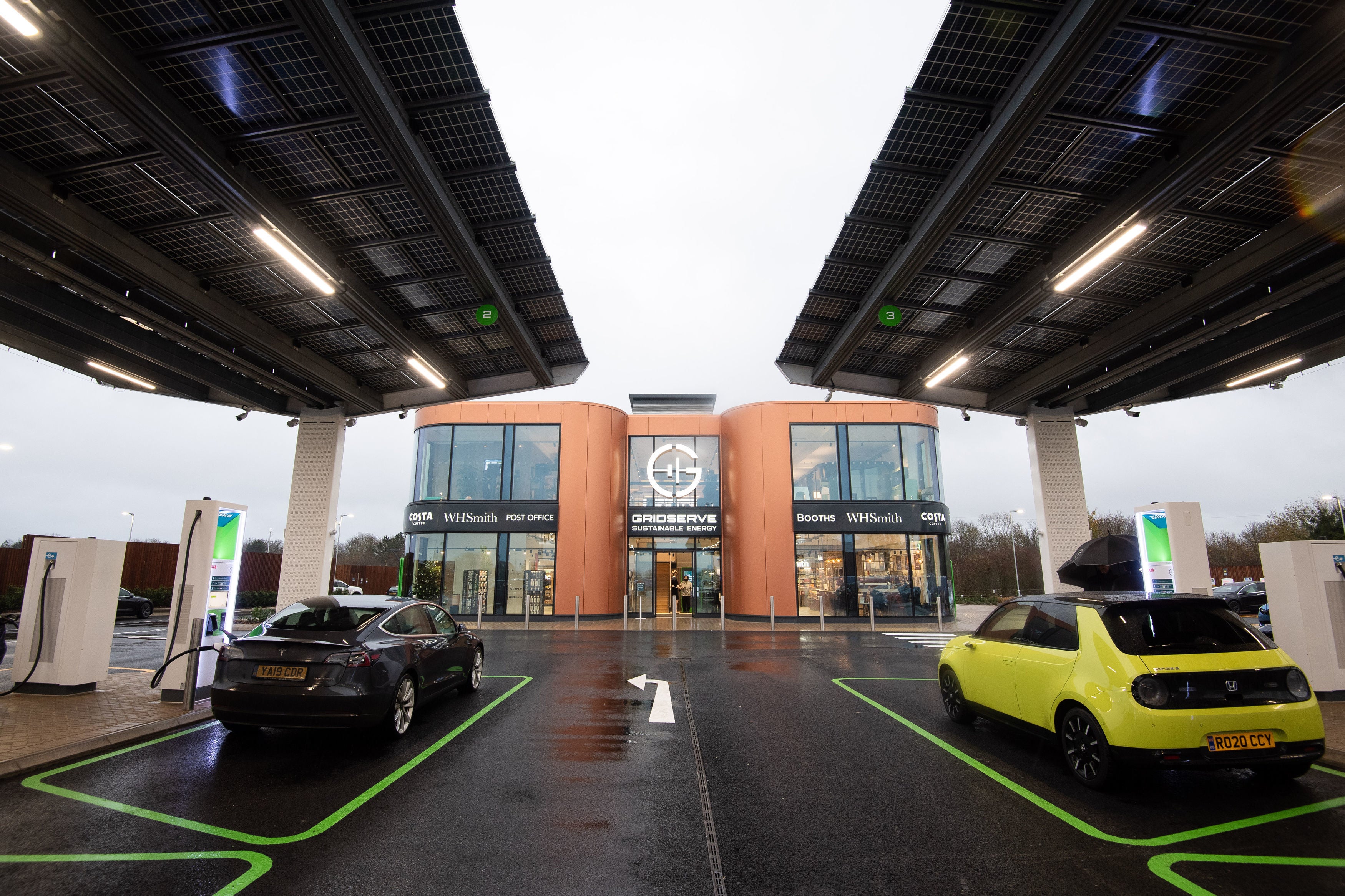 Vehicles are pictured at the new Gridserve all-electric forecourt in Braintree, Essex.