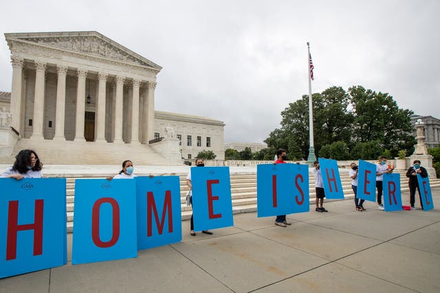 <p>Deferred Action for Childhood Arrivals (DACA) students gather in front of the Supreme Court in Washington, DC in June &nbsp;</p>