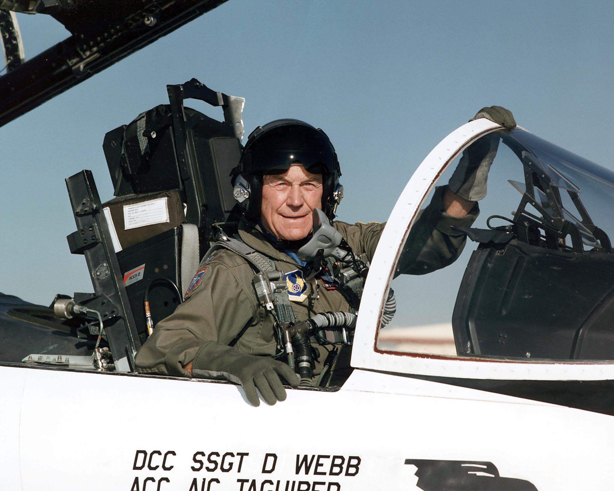 File image: Charles E. "Chuck" Yeager in the cockpit of an F-15 fighter aircraft at US air force base in California