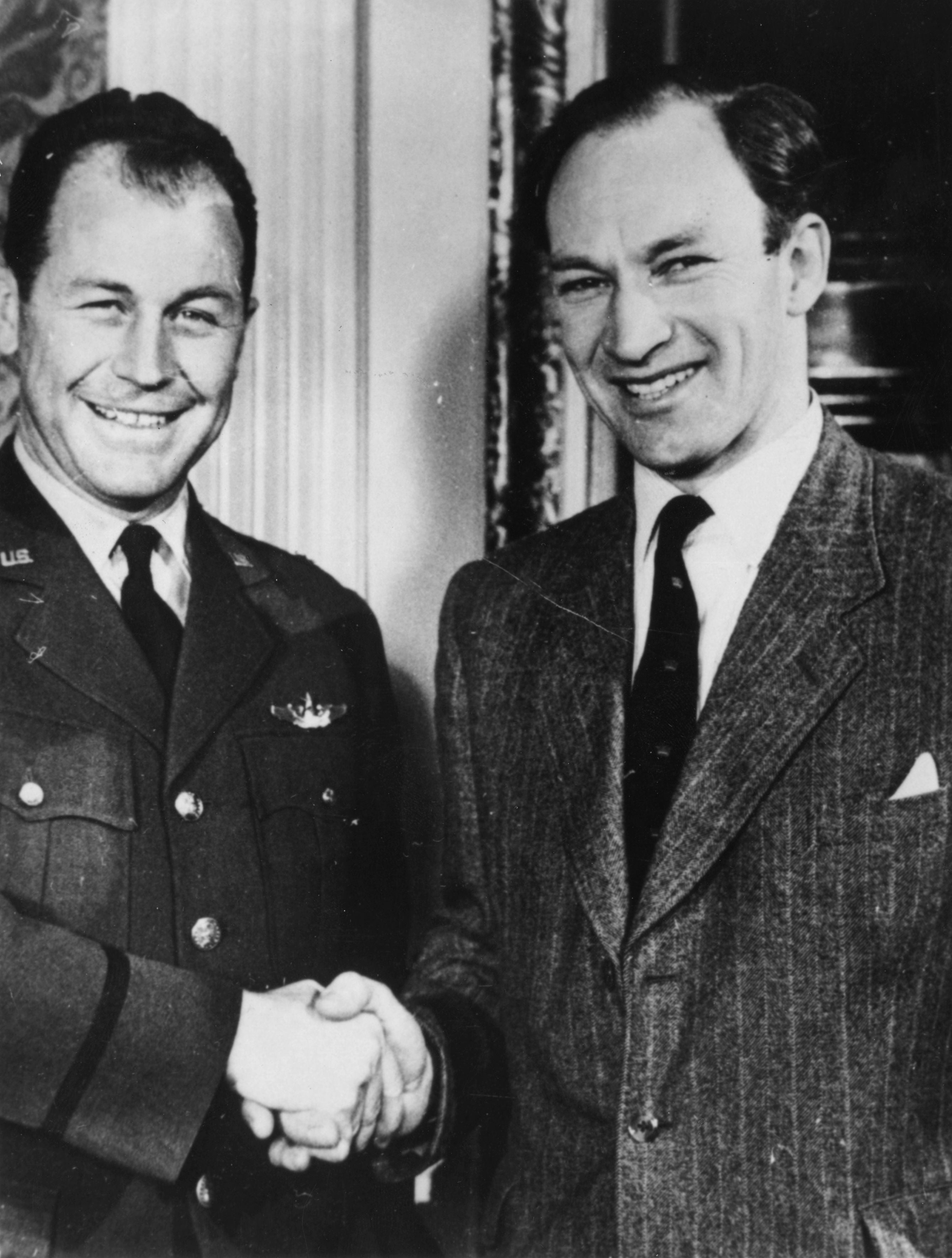 Yeager (left) with British pilot Peter Twiss in 1956