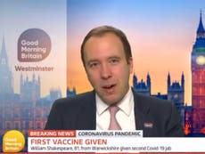 Matt Hancock appears to cry on live TV over first Covid vaccinations