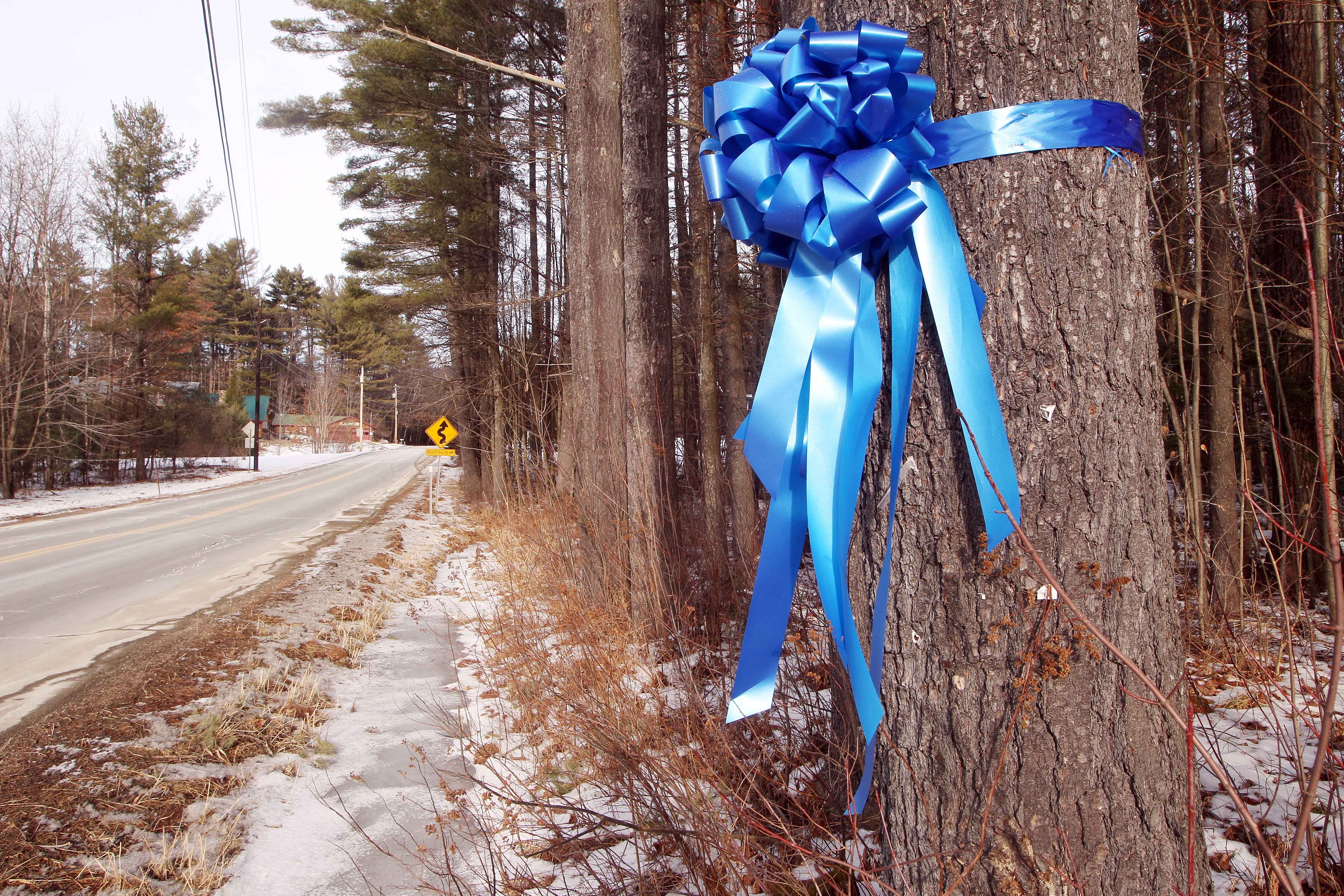A ribbon hangs at the site where Murray was last seen after a car crash in rural New Hampshire