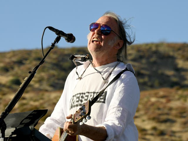 Neil Young performs at a benefit on 14 September 2019 in Lake Hughes, California