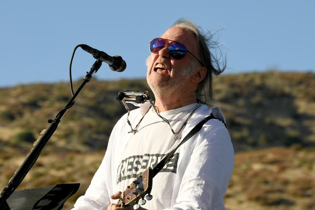 Neil Young performs at a benefit on 14 September 2019 in Lake Hughes, California