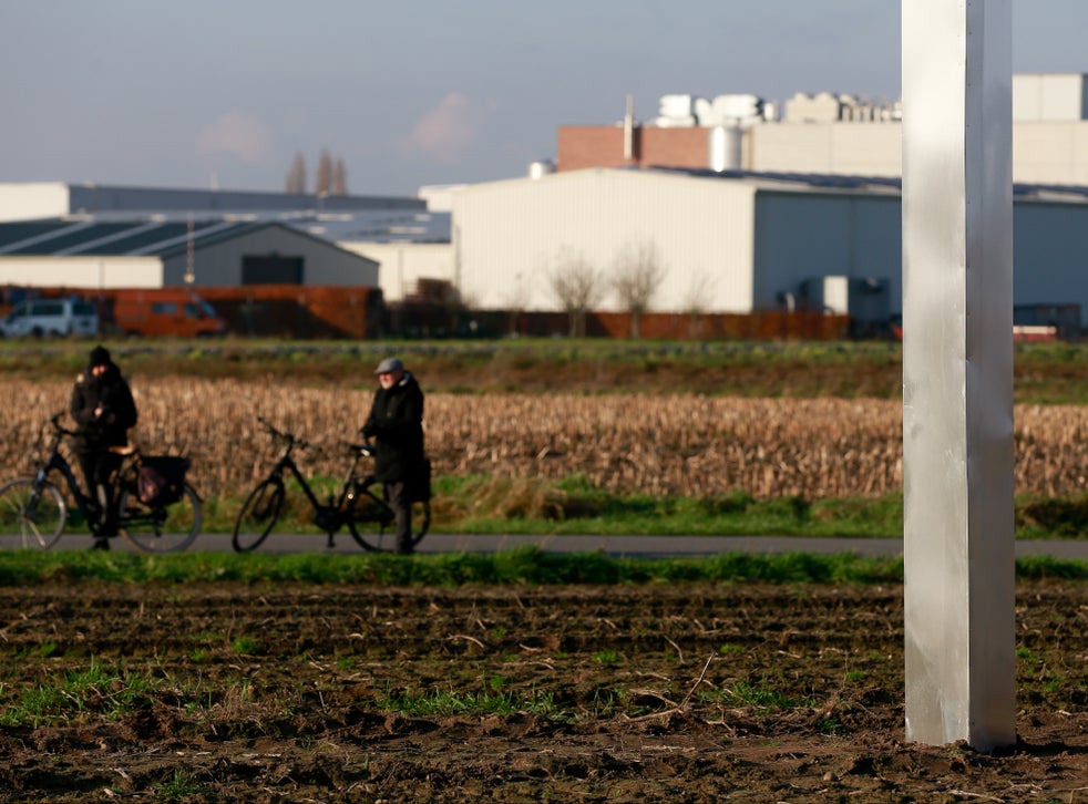 People inspect a metal monolith in a field in Baasrode in Belgium on 8 December