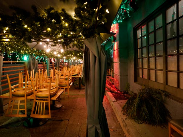 Closed outdoor dining area of a restaurant in Rowland Heights, California. The vast region of Southern California went into a lockdown on Monday in an effort to curb spiraling coronavirus infections