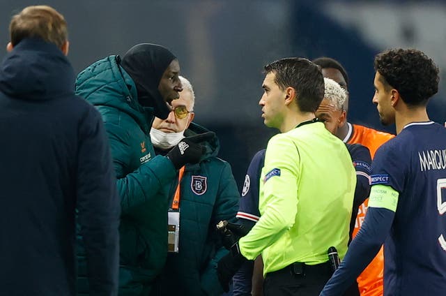 <p>Demba Ba confronts the match official</p>