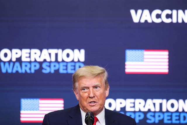 US President Donald J. Trump speaks during an Operation Warp Speed Vaccine Summit in the South Court Auditorium of the of the Eisenhower Executive Office Building at the White House in Washington, DC, USA