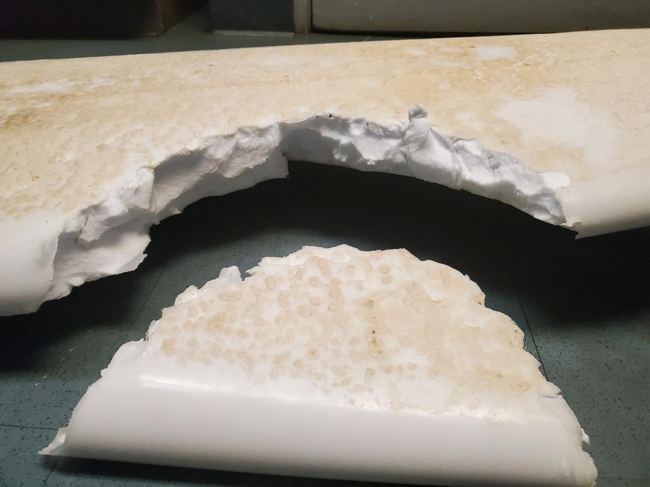 A 17-inch bite mark and chunks taken out of the surfboard from the shark attack in the waters off Honolua Bay.