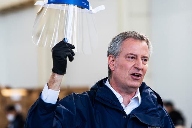 <p>Bill de Blasio, pictured with a coronavirus face shield, has said New York should be ready for a ‘total shutdown’&nbsp;</p>