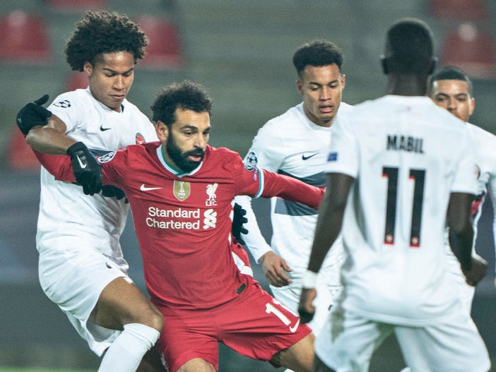 Mohamed Salah fights for the ball against Midtjylland