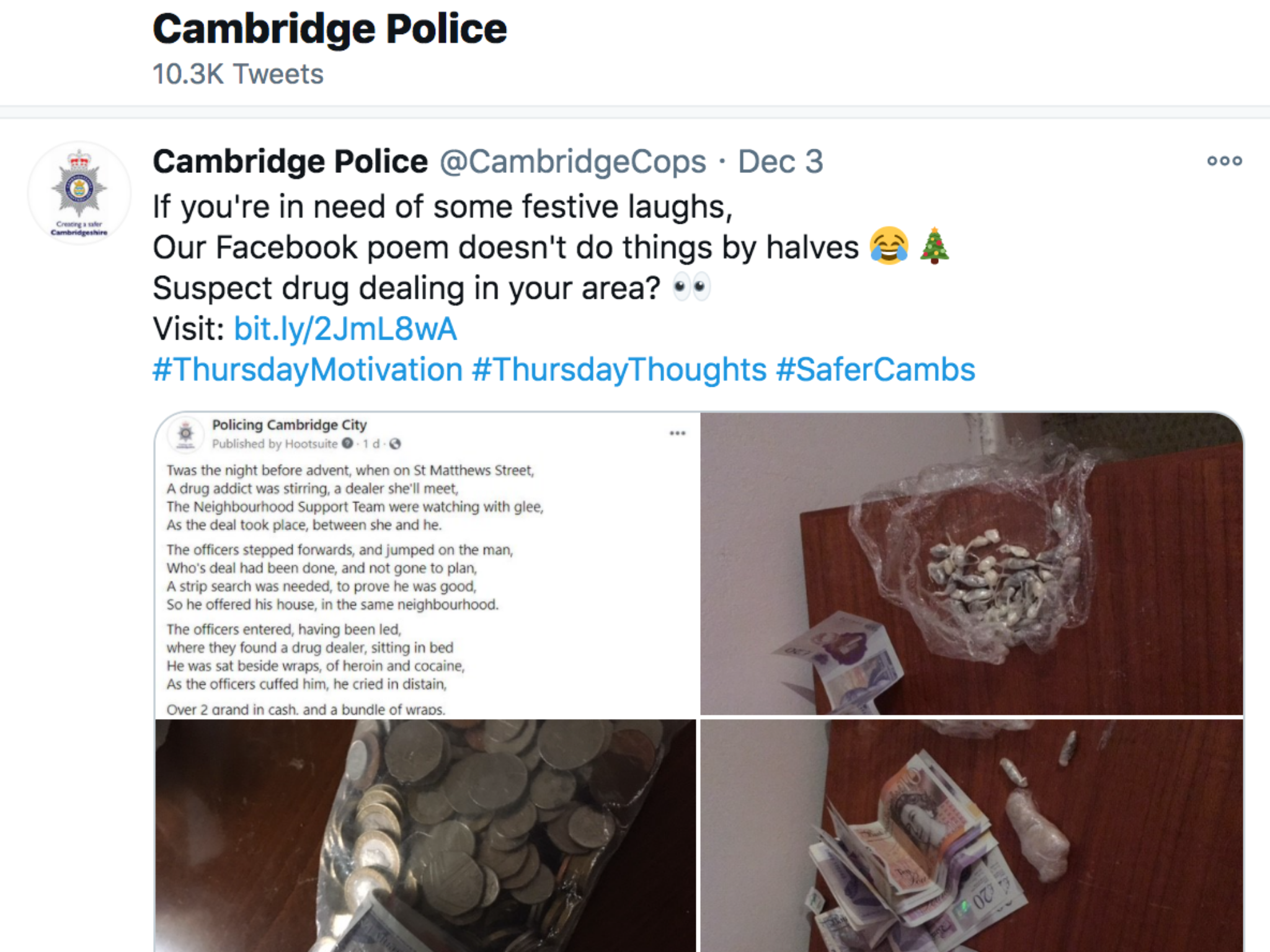 Cambridgeshire Constabulary shared a poem mocking possibly vulnerable arrestees for ‘festive laughs'