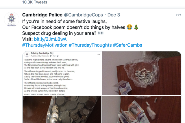 Cambridgeshire Constabulary shared a poem mocking possibly vulnerable arrestees for ‘festive laughs'