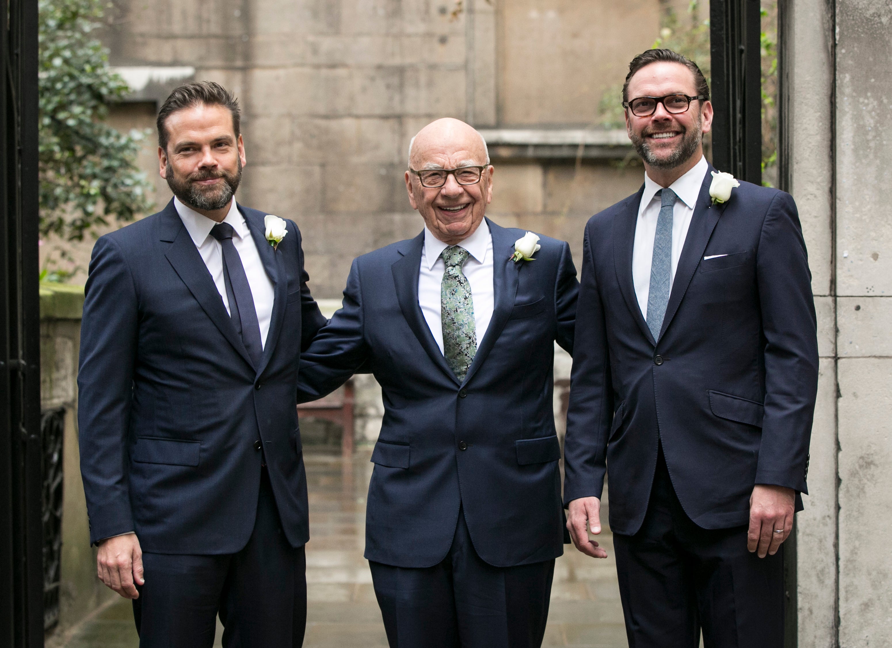 Rupert Murdoch arriving with his sons Lachlan and James at a celebratory event after his marriage to Jerry Hall in 2016