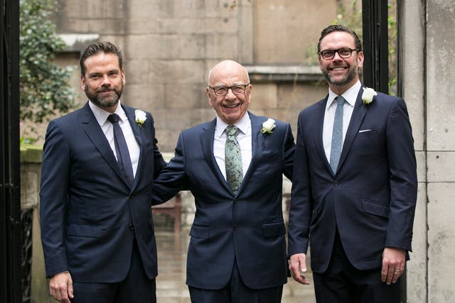 <p>Rupert Murdoch arriving with his sons Lachlan and James at a celebratory event after his marriage to Jerry Hall in 2016</p>