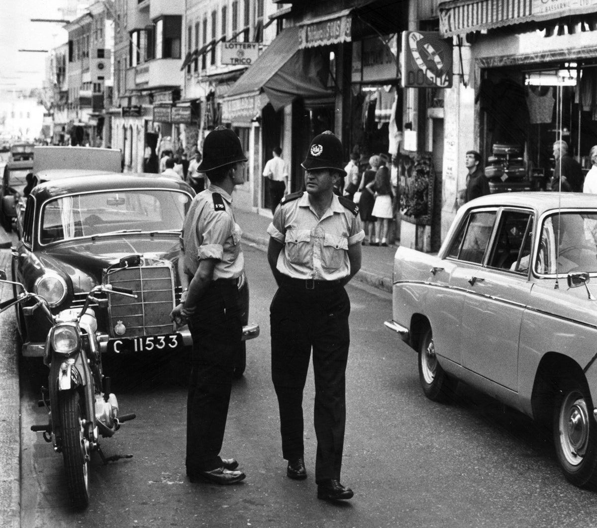 Policemen in Main Street, in 1950: Gibraltar has been in British hands for 300 years